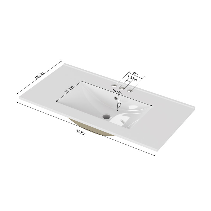 Lavabo en céramique à trois trous de 36 pouces avec trou de robinet pré-percé qui élimine le perçage supplémentaire, conception minimaliste compacte, robuste et durable, facile à entretenir.