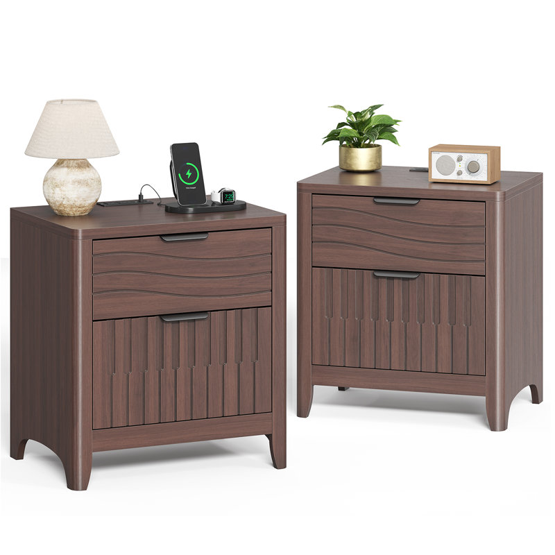 Fluted Nightstand With Charging Station, Modern Bedside Table With 2 Storage Drawers, Curved Corner & Metal Handle, Set of 2
