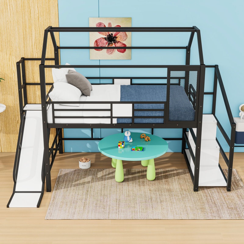 Metal Loft Bed With Staircase And Slide, Black, Full