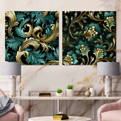 Motif damassé de luxe doré et vert - ensemble de 2 toiles abstraites botaniques