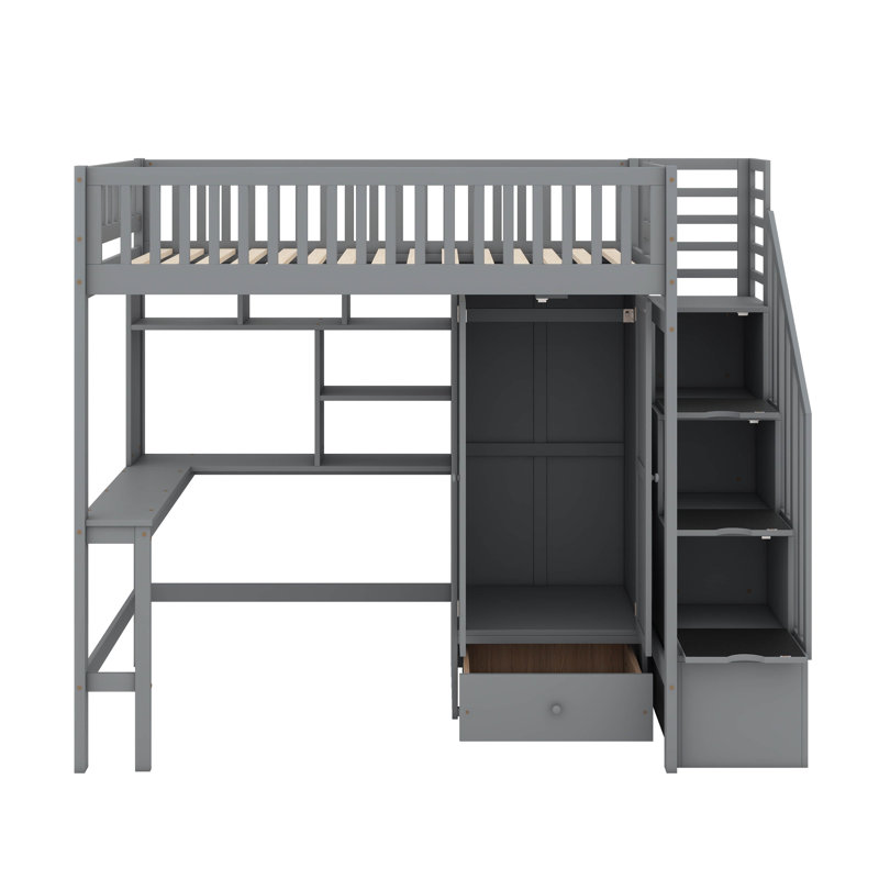 Lit mezzanine simple avec bibliothèque intégrée et tiroirs de rangement, Gris