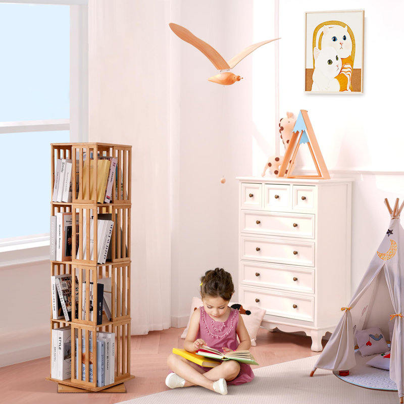 360°Rotating Bamboo Bookshelf With Cross Dividers For Anti-Tipping, Large-Capacity Organizer, Stable Base For Living Room/Study/Office (Pre-Assembled For Easy Assembly)