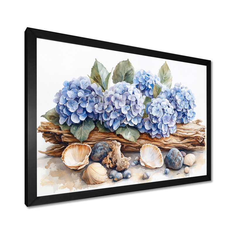 Domoni hortensias et bois flottant, H 30 po x l 40 po, Reproduction encadrée d'une seule photo, Noir