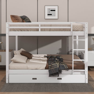 Queen-Over-Queen Rustic-Style Wooden Bunk Bed With Ladder & Pull-Out Trundle Bed