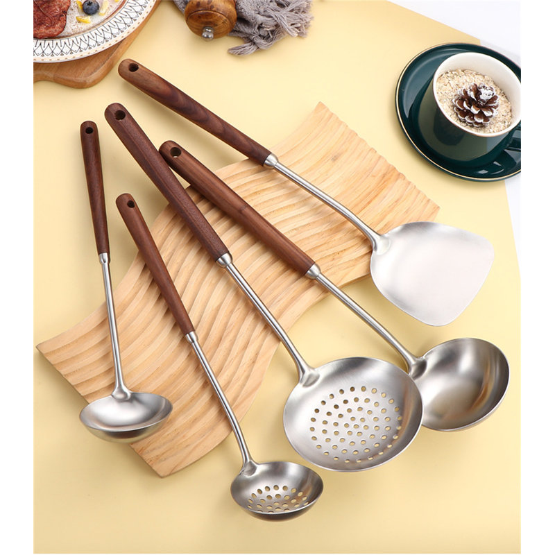 5PCS Stainless Steel Cooking Utensils Set - Soup Ladle, Slotted Turner With Walnut Wood Handle