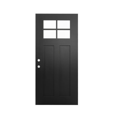 Porte d'entrée en fibre de verre blanche 36 po x 80 po, ouverture à droite vers l'intérieur, cadre en PVC blanc 4-9/16 po avec moulure en brique, design moderne et minimaliste avec surface lisse et vitrage clair.