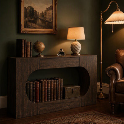 Console de 63 pouces de grain avec tiroir, table d'appoint moderne en panneau de particules d'ingénierie, table d'appoint étroite à cadre creux ovale pour le couloir du salon