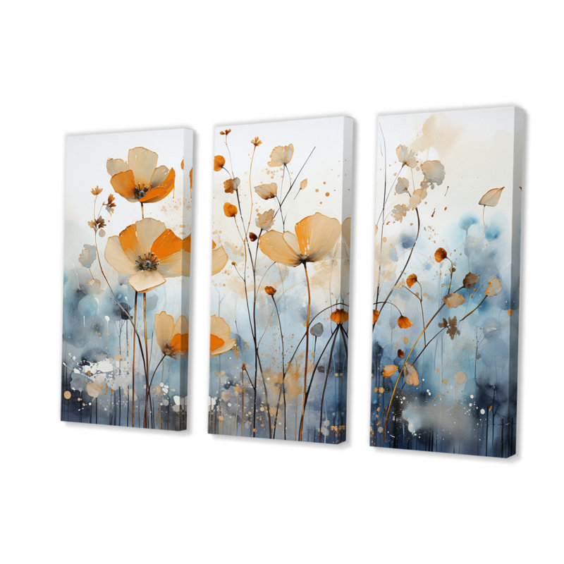 Impression sur toile de 3 pièces orange sur fond bleu botanique discret II, H 28 po x l 36 po x P 1 po