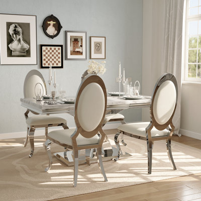 Ensemble de table de salle à manger de luxe blanc et argent avec 4 chaises en cuir blanches