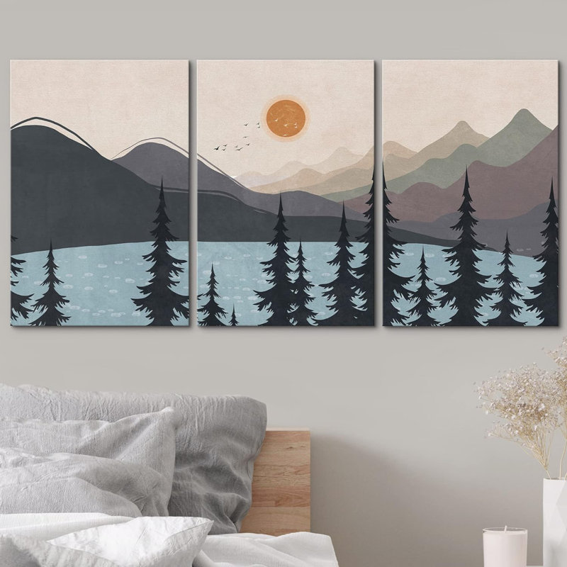 «Pine Tree Mountain Forest Lake on Canvas», reproduction de 3 pièces, H 24 po x l 48 po x P 1,5 po, Toile tendue