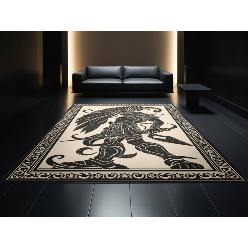 Soft Plush Durgin Obsidian Blade Warrior Classic Damask Area Rug in Black – Black Binding, 8x10