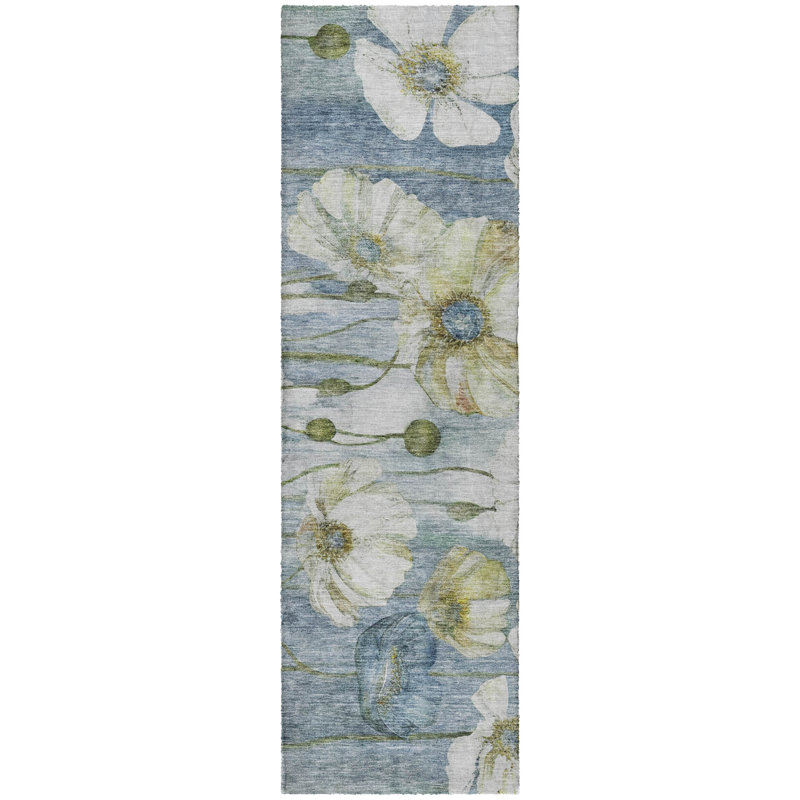 Tapis floral à poils longs de qualité supérieure lavable à la machine ADS712, Bleu, Tapis de couloir 2 pi 3 po x 7 pi 6 po