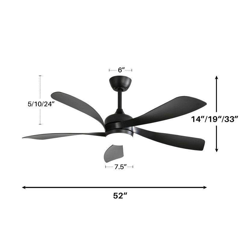 52 Inch Modern Ceiling Fan With 3 Color Dimmable Led Light 5 Abs Blades Remote Control Reversible Dc Motor, Black, Black