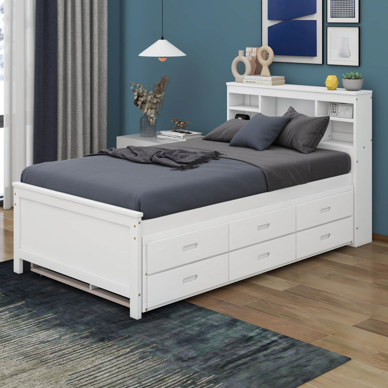 Nyliah Platform Bed with Storage Headboard, USB, Trundle and 3 Drawers, Twin, White