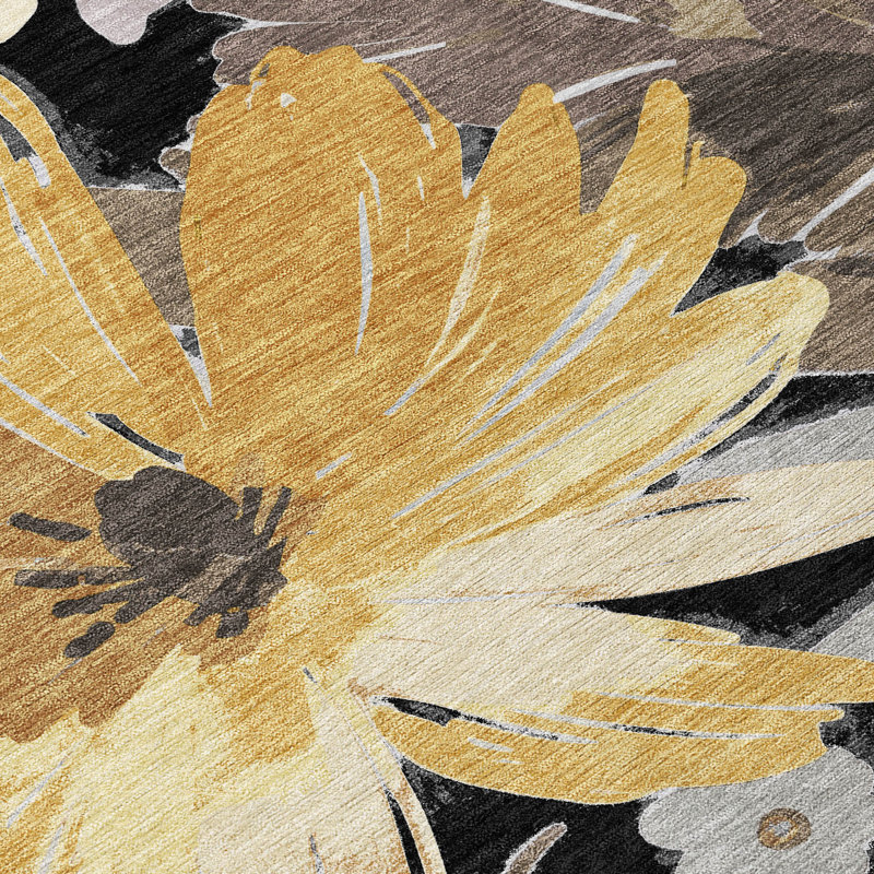 Black and Yellow Floral Synthetic Washable Rug, 2'6" x 3'10"