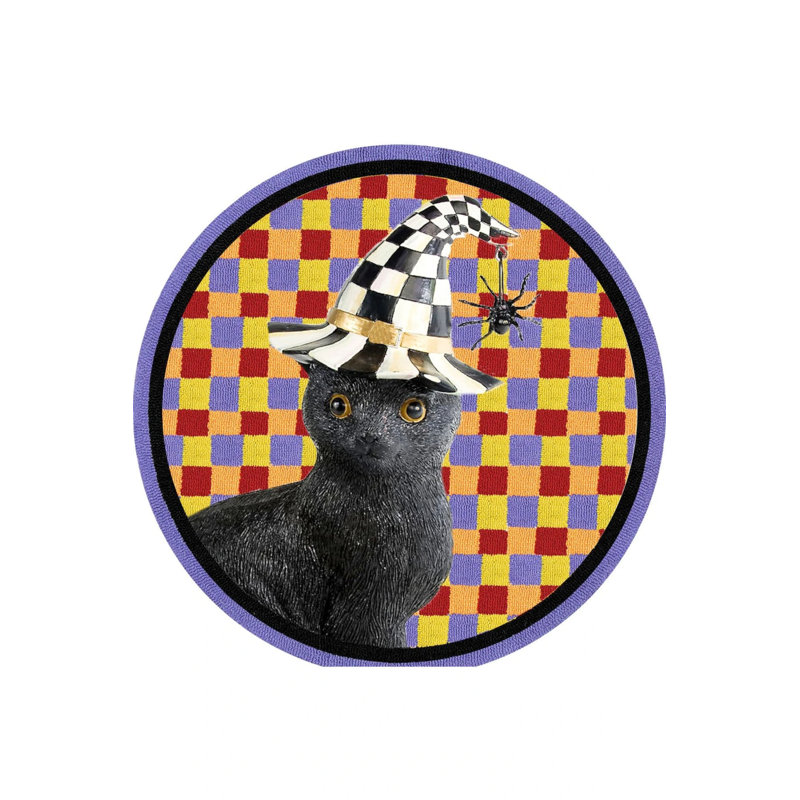 Cat And Checker Themed Colorful Woven Floor Rug, Round 2'8"