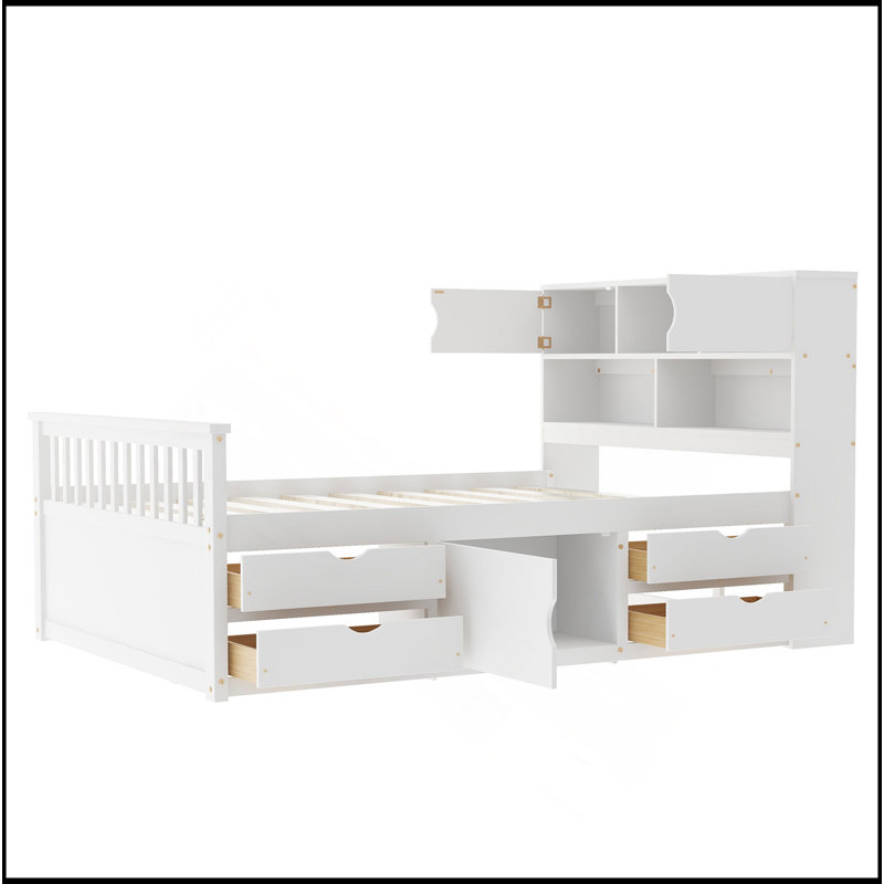 Structure de lit plateforme double pleine grandeur avec bibliothèques de rangement et tablettes, quatre tiroirs, blanc