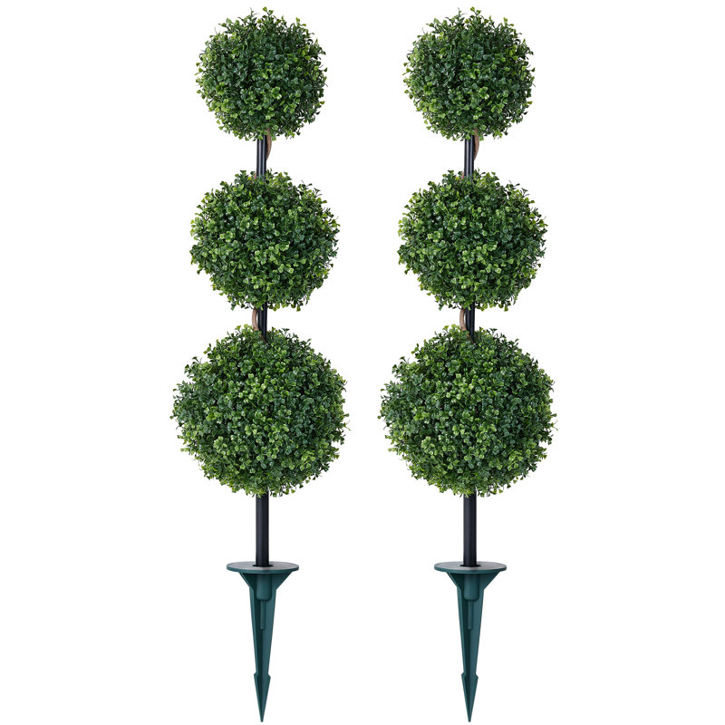 Set of 2 Artificial Triple Ball Boxwood Topiary Tree, 36in Outdoor Topiary Tree UV Resistant Fade Resistant Ground Spike Lawn Stake - for Front Porch Garden Patio Yard Decor