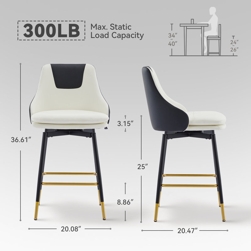 Full Back Upholstered Counter Stool With Metal Frame, White/Black