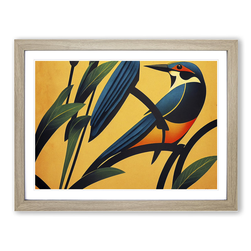 Art Deco Kingfisher - Single Picture Frame Print, 25cm H x 34cm W x 2cm D, Oak Framed