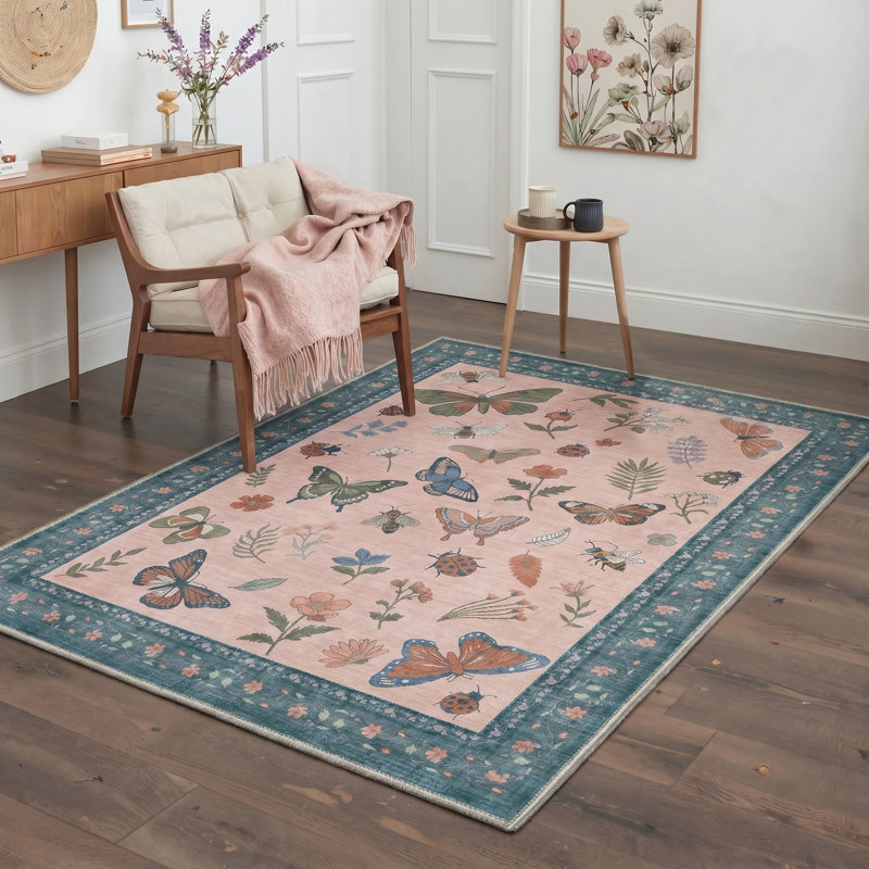 Vintage Machine Washable Pink / Blue Indoor Area Rug with Non-Slip Backing, Rectangle 9' x 12'