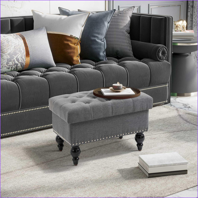 Repose-pieds avec rangement, siège repose-pieds de salon en tissu capitonné gris ardoise de 25 po, couvercle amovible, pieds en bois d'hévéa | Bois | Noir