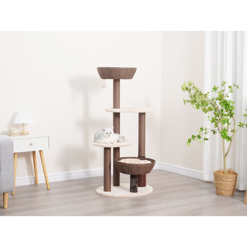 PetPals 48.5" Brown and White Sisal Cat Tree with Plush Perches