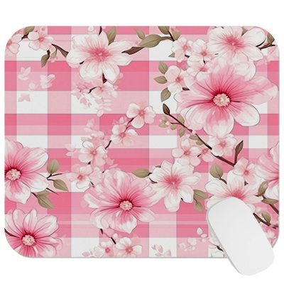 Floral Pink Plaid Flowers V Gaming Cute Office Laptop Desk Pad Gift Mat Square Rectangle Non-Slip Mousepad