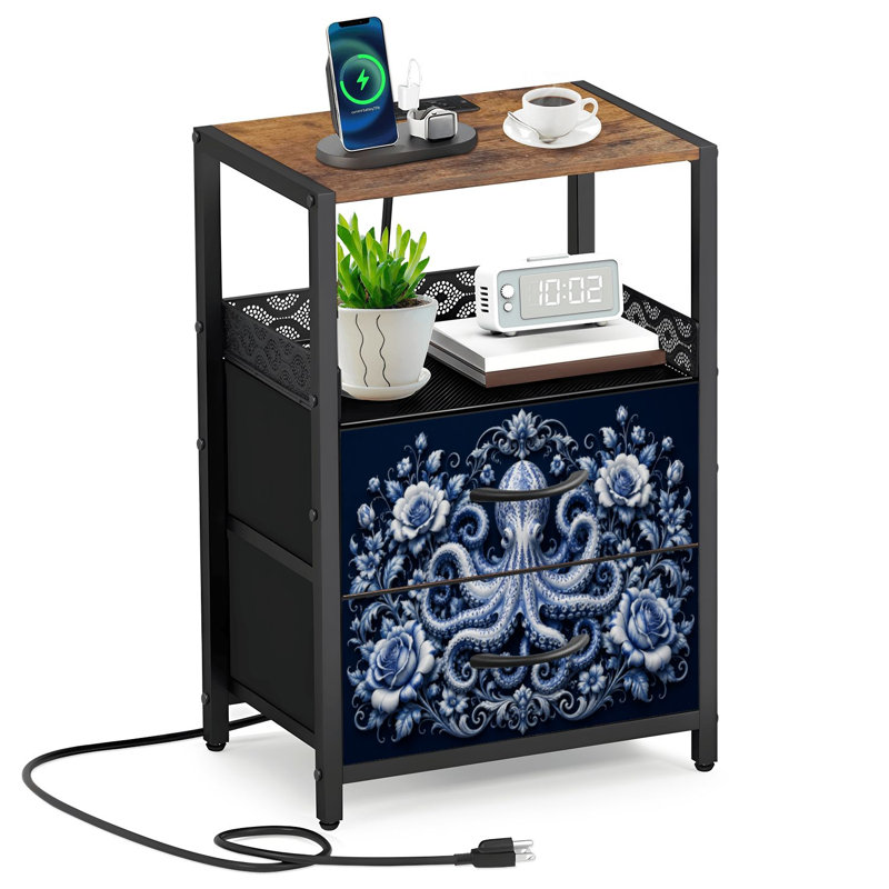 Table de chevet 2 tiroirs en tissu avec station de charge Octopus Ocean Nautical Marine Life
