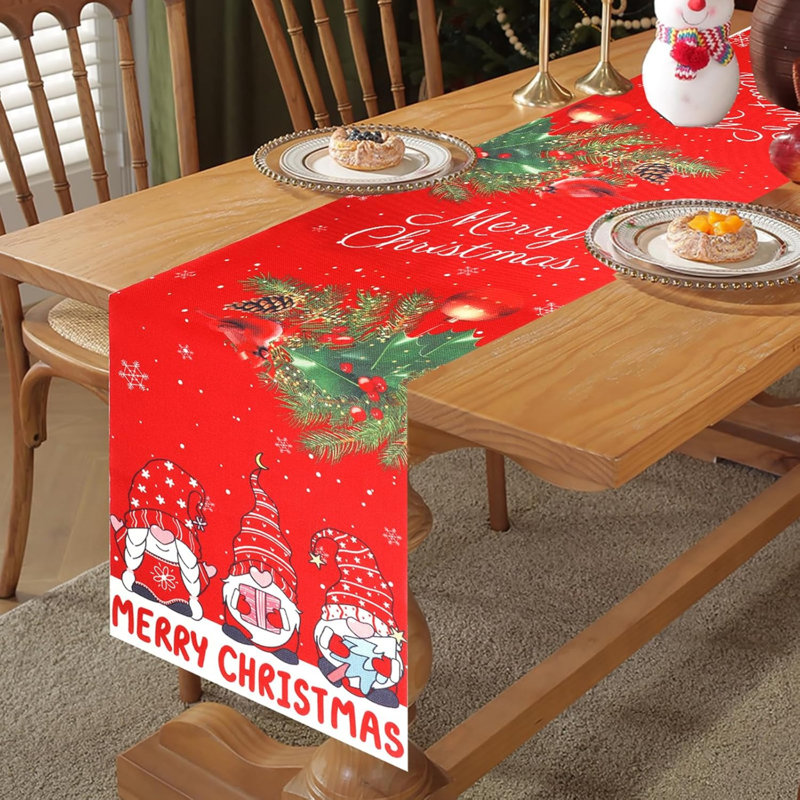 Gnomes Christmas Birds Holly Table Runner, Linen Merry Christmas Table Runner, Red Seasonal Winter Holiday Kitchen Dining Table Decoration for Indoor Outdoor Home Party Christmas Decor, 14" x 72"