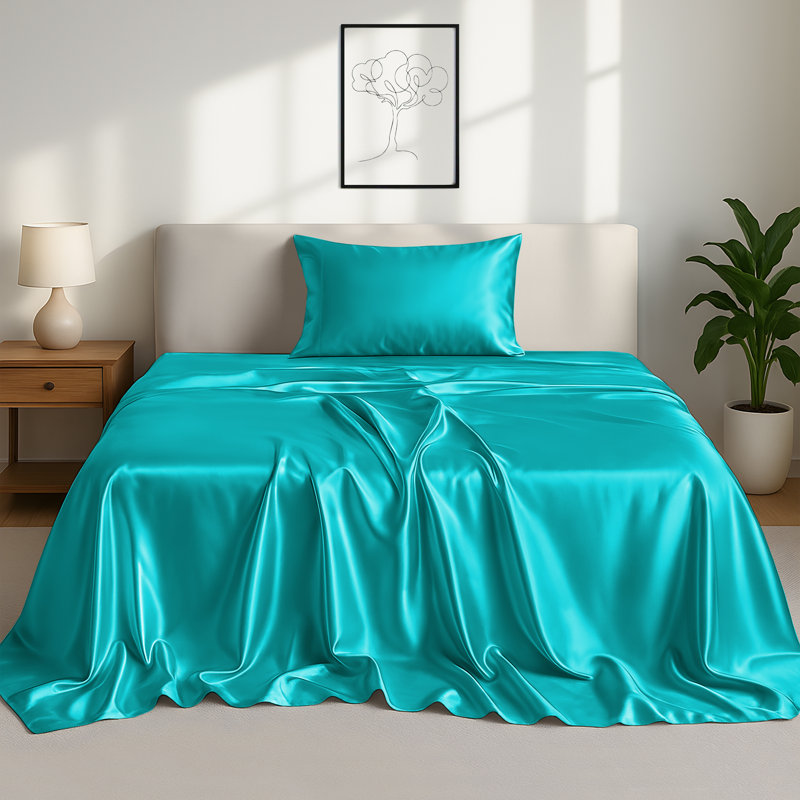 Lux Decor 4-Piece Satin Sheets 100% Polyester Luxury Silky Soft Woven Fabric Deep Pocket Fitted Sheet, Lake Blue