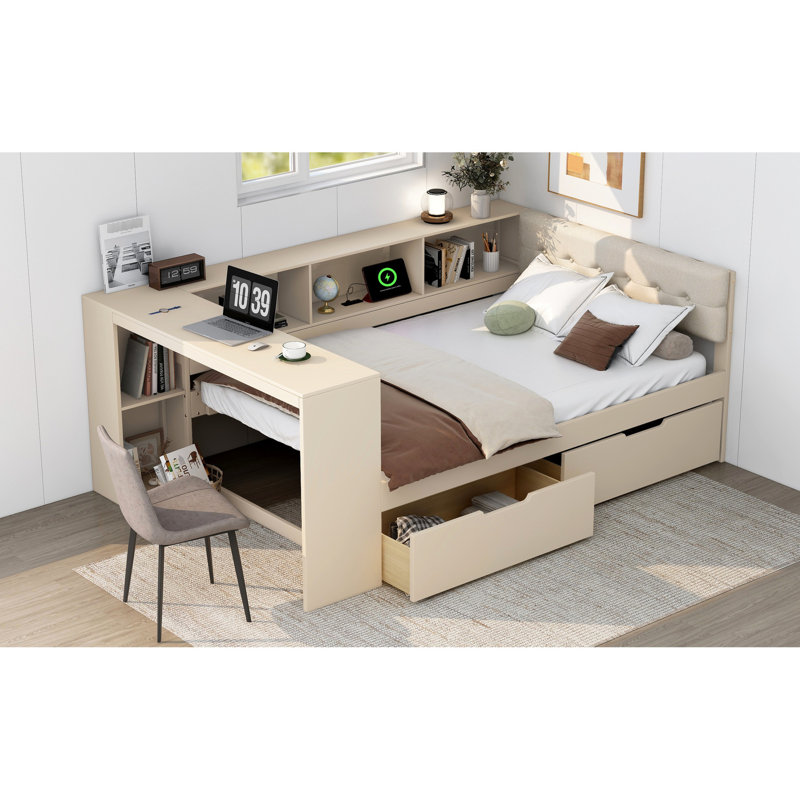 Lit plateforme double avec tête de lit tapissier crème, rangement et charge, Lit double