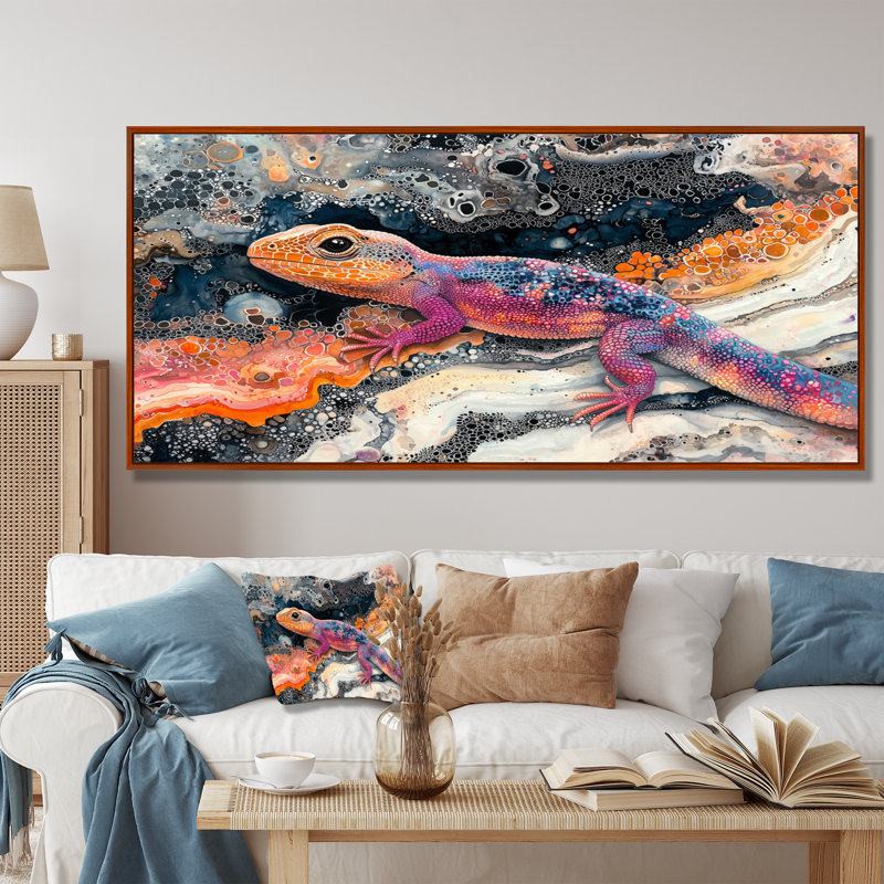Lézard coloré dans le lac Harmony II - lézard, art mural, H 28 po x l 60 po, Impression encadrée flottante, Brun