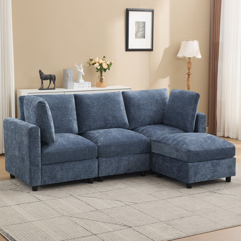 4 - Piece Upholstered Sectional, L-Shape Modular Couch, 36.2" H x 89.5" W x 63" D, Blue