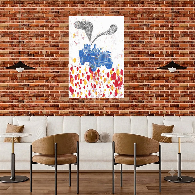 Blue Jeep, scène de conflit abstraite, impression murale rétro, 48" H x 32" W
