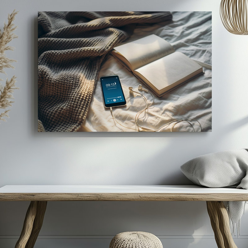 Toile «A Cosy Intime Scene Doted», une douce couverture texturée en tricot dans une teinte beige discrète drapée sur une lumière apportant une toile