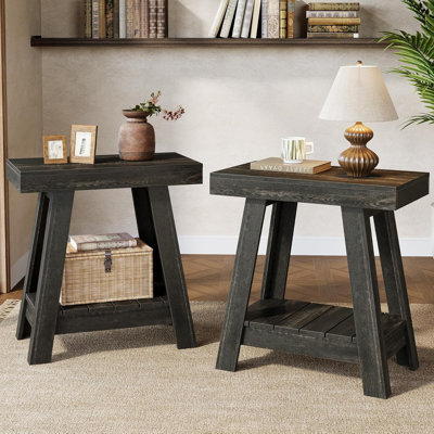 2-Tier Small End Table,  Narrow Wooden Sofa Side Table for Living Room(Set of 2)