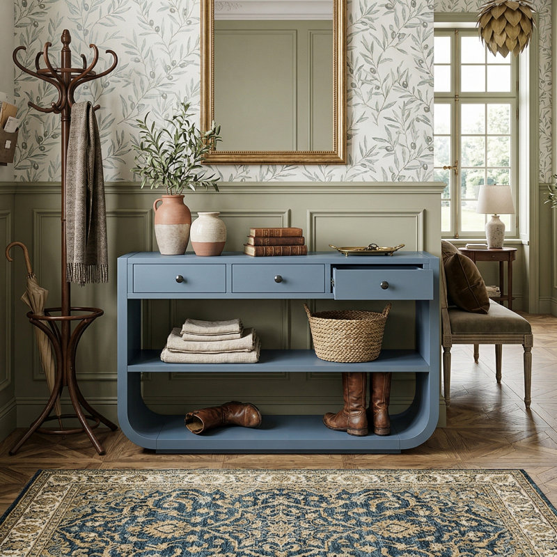 Table de canapé moderne de 55 pouces avec rangement, console de hall d'entrée incurvée avec 3 tiroirs et 2 tablettes de présentation à niveaux, pieds en bois massif, 3 couleurs