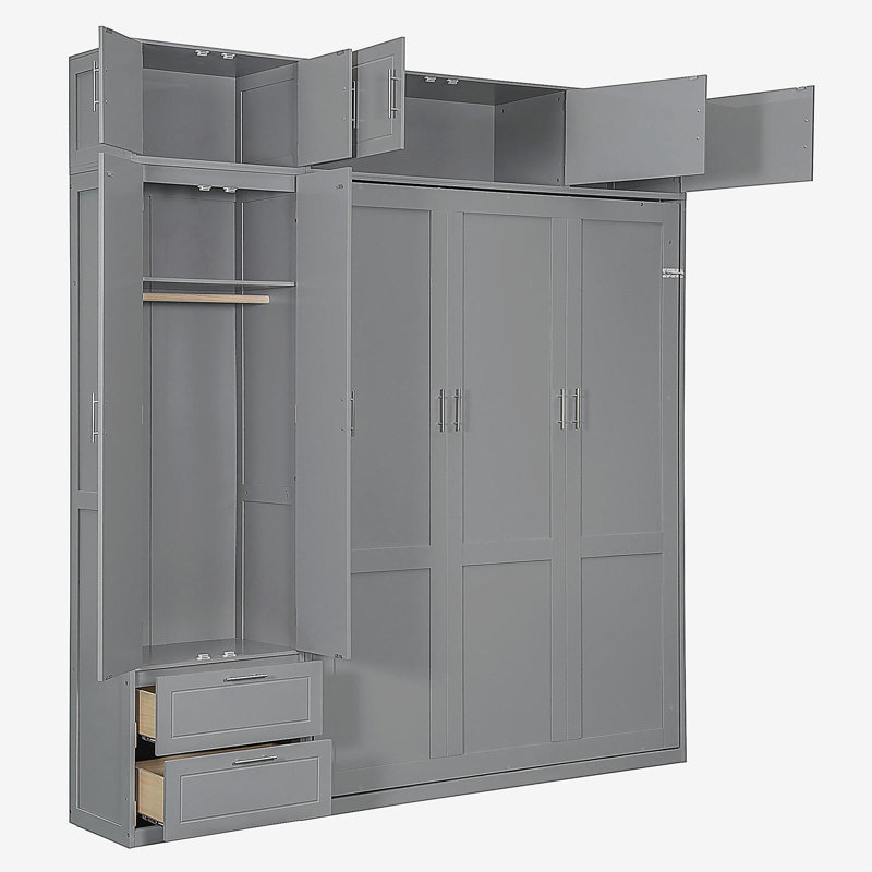 Grand lit escamotable mural avec armoire supérieure, tablettes et garde-robe, lit pliant peu encombrant, gris