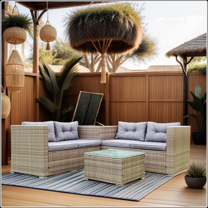 Ensemble de canapé modulaire d'extérieur en rotin avec boîte de rangement 4 pièces - Crème, Gris