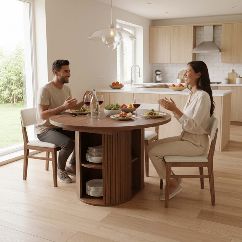 43.3"-59" Extendable Round Dining Table for 4–8, Modern Space-Saving Expandable Circle Dinner Table with Storage Shelf, Tan