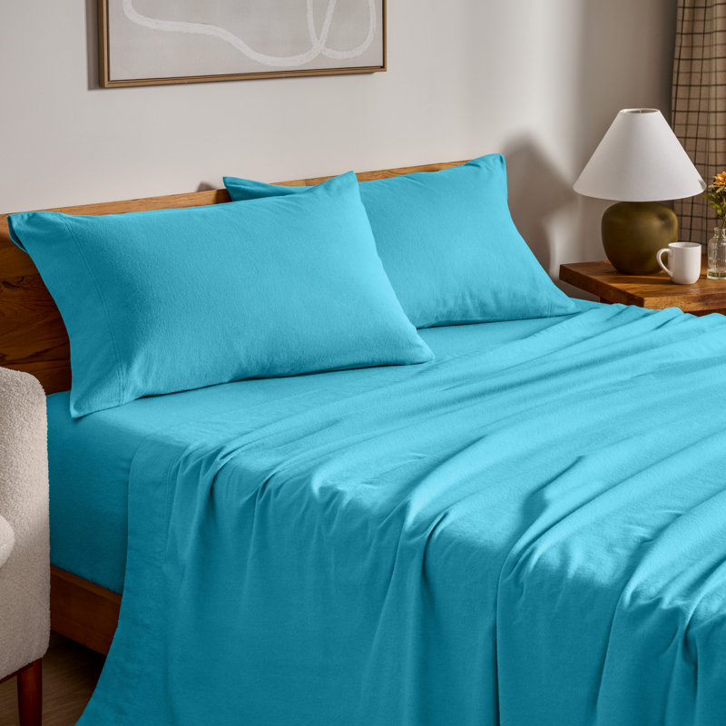 100% Cotton Flannel Sheet Set, Queen Sheet Set with 2 Pillowcases, Aqua