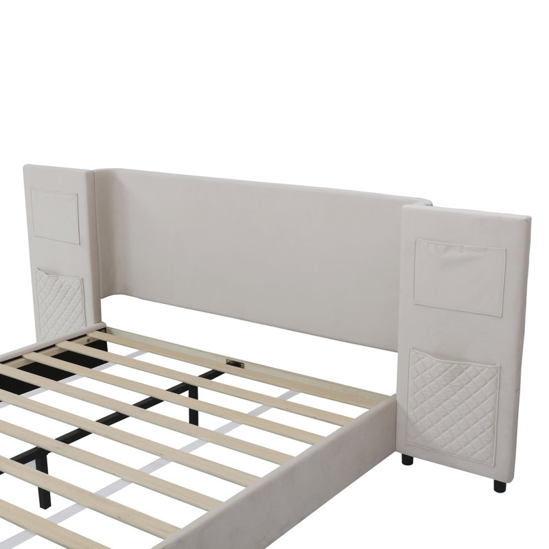 Upholstered Bed With Two Drawers Velvet Beige