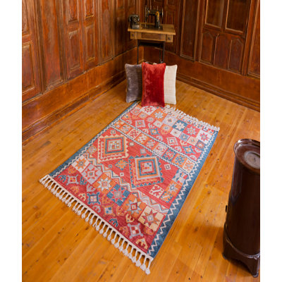 Tapis marocain en polyester tissé à la machine en rouge / beige