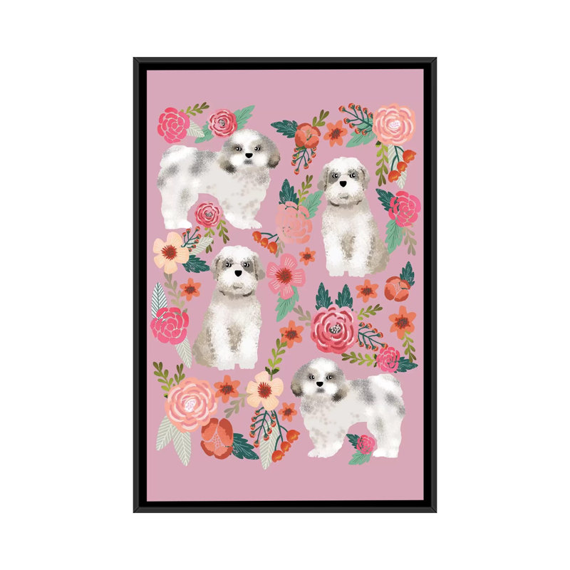 « shih tzu », collage floral sur toile tendue, H 26 po x l 18 po x P 1,5 po, Toile avec cadre noir, Pas de tapis