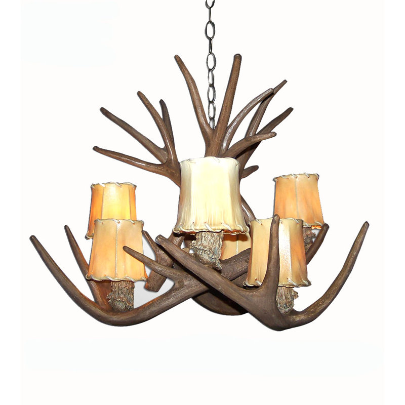 Lustre 6 lumières à abat-jour Beahm, Parchemin, Chaîne en bronze rustique /bois bruns