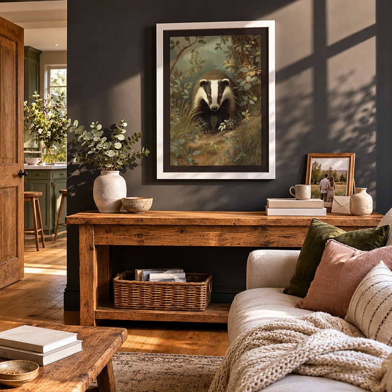 Badger in Woodland Boho - Framed Print, A1 - 84.1 x 59.4 cm, White