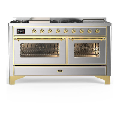 Cuisinière à double carburant 60 pouces avec 7 brûleurs scellés, plaque chauffante, plaque française en acier inoxydable (propane liquide, garniture laiton) Majestic III Series