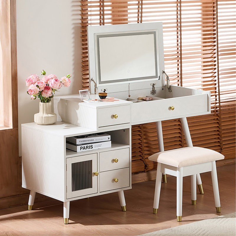 Bureau de coiffeuse 3-en-1 avec miroir réglable à bascule éclairé, coiffeuse à maquillage avec tabouret, commode avec tiroirs pour la chambre à coucher, blanc