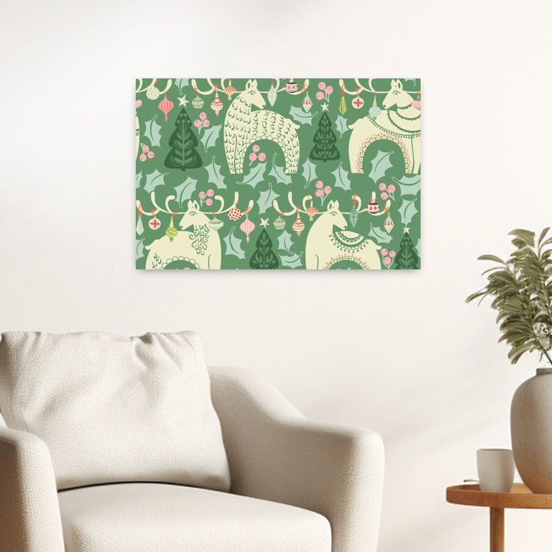 Festive Folk Reindeer Pattern Abstract Christmas Tree Deer Winter Landscape Wall Art Print by Annick - Wrapped Canvas Print